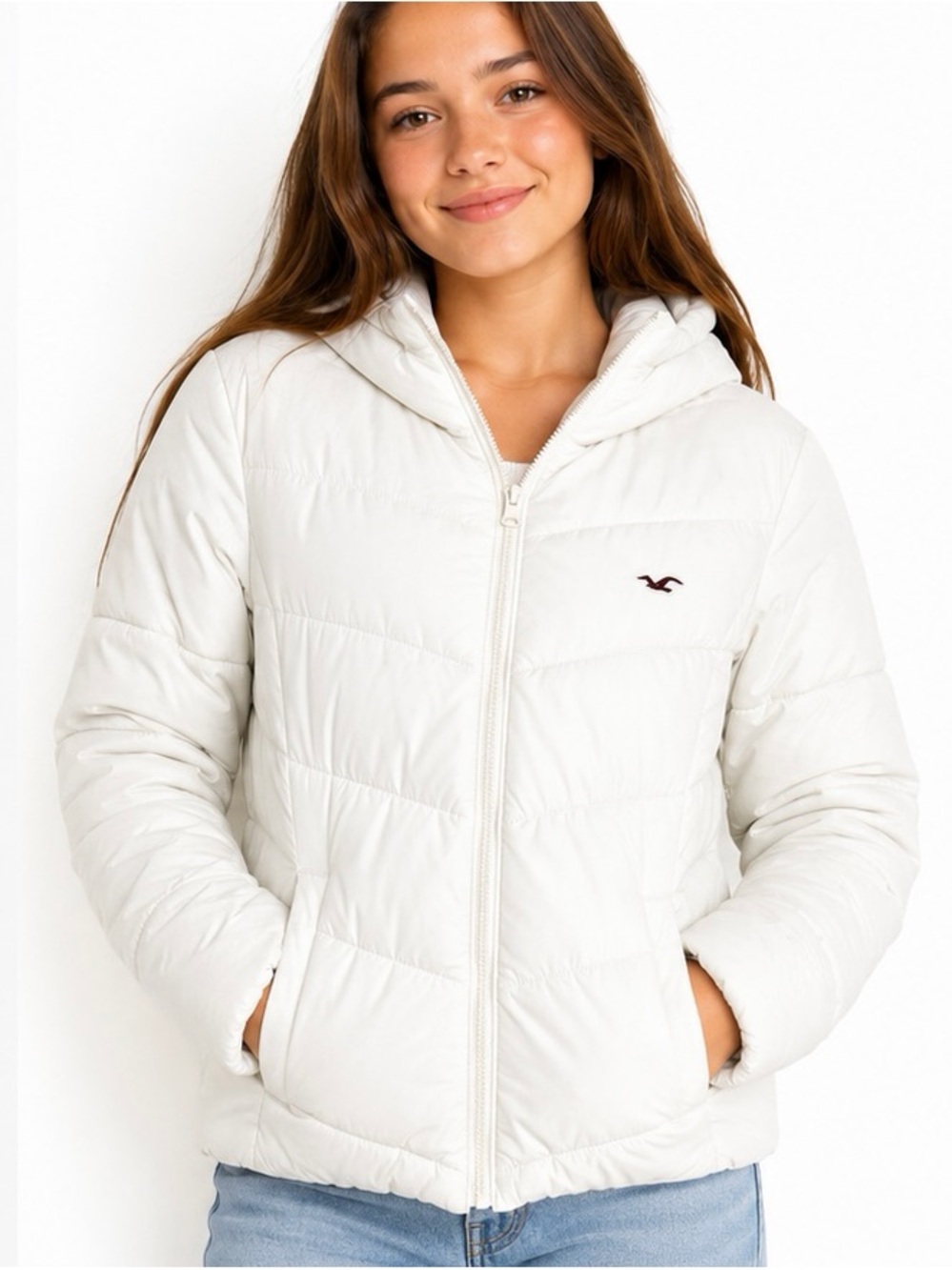Hollister Cream Quilted Hooded Puffer Jacket